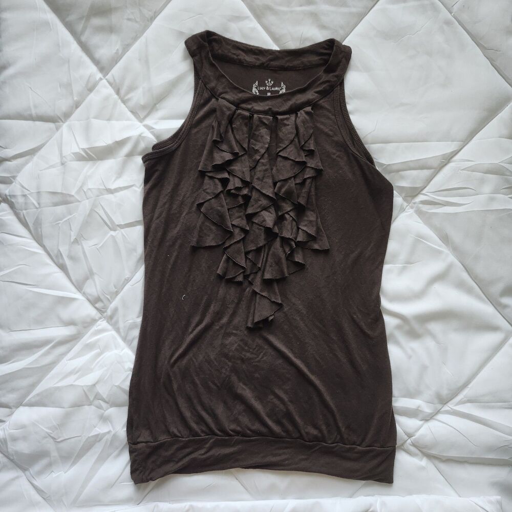 Lucy & Laurel Brown Ruffle Knit Sleeveless Tank Top Size M